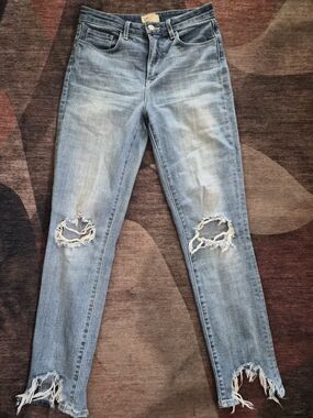 L'AGENCE Light Blue Distressed Skinny Jeans with Frayed Hems